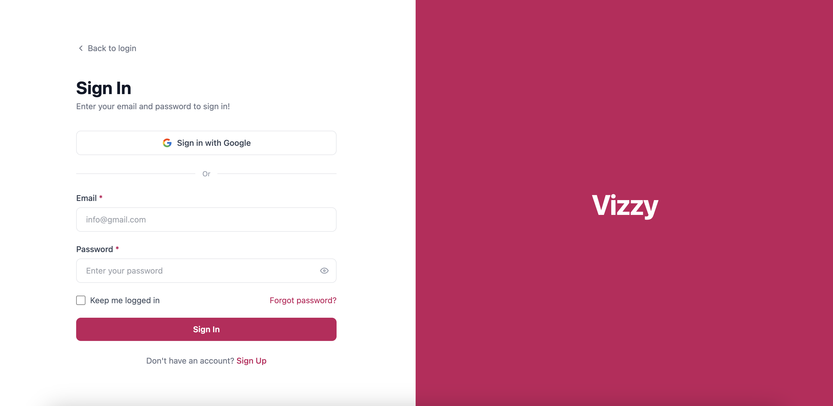 Vizzy sign-in screen